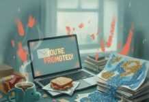 Career Advancement Without Sacrificing Family Time Chaotic home office, "You're Promoted!" email, glitter art.