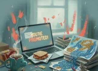 Career Advancement Without Sacrificing Family Time Chaotic home office, "You're Promoted!" email, glitter art.