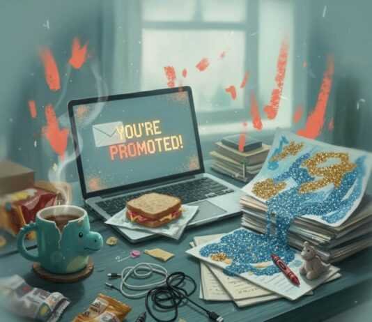Career Advancement Without Sacrificing Family Time Chaotic home office, "You're Promoted!" email, glitter art.