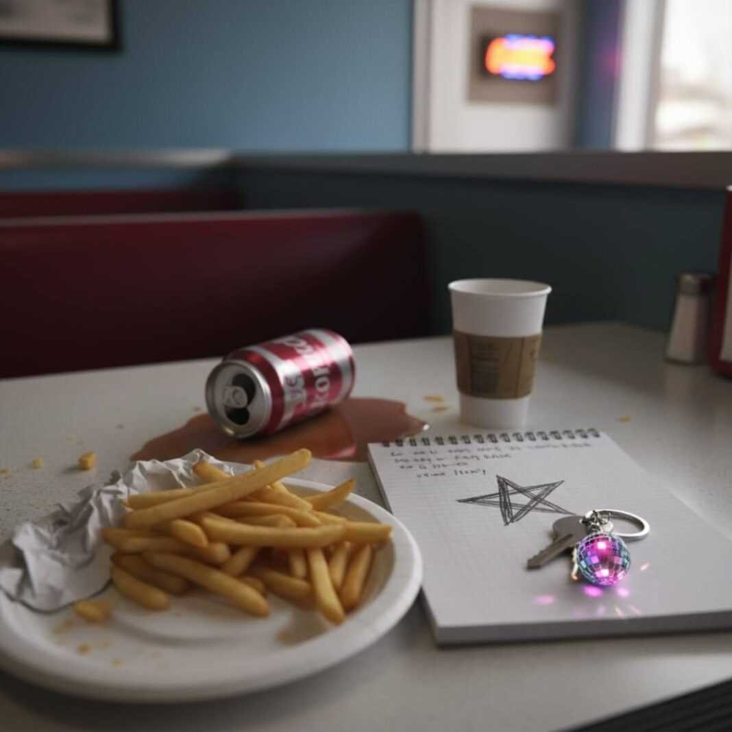 A messy diner table with fries, soda, and a notebook. A messy diner table with fries, soda, and a notebook.