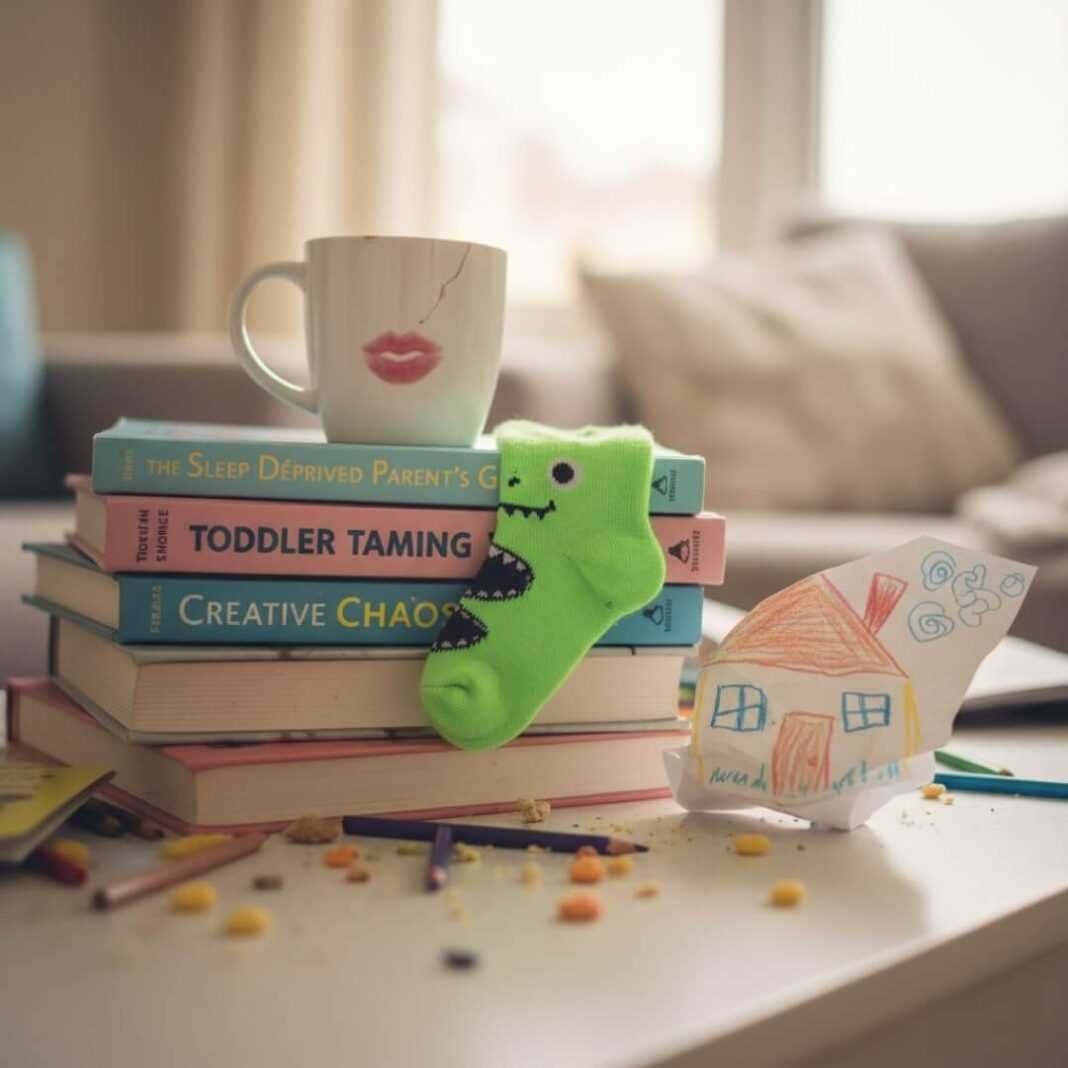 Chaotic coffee table with parenting books and a dinosaur sock. Chaotic coffee table with parenting books and a dinosaur sock.
