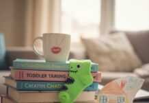 The Best Parenting Books to Read This Year Chaotic coffee table with parenting books and a dinosaur sock.