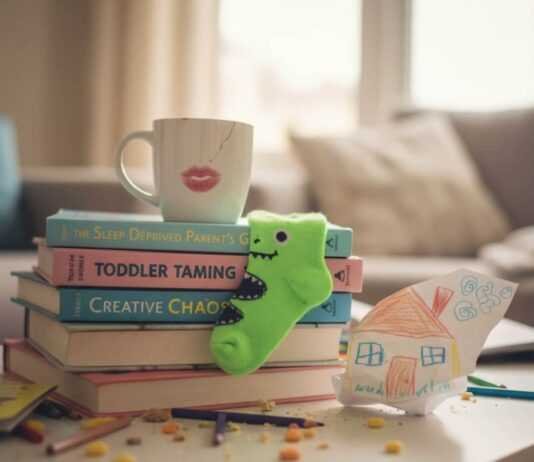 The Best Parenting Books to Read This Year Chaotic coffee table with parenting books and a dinosaur sock.