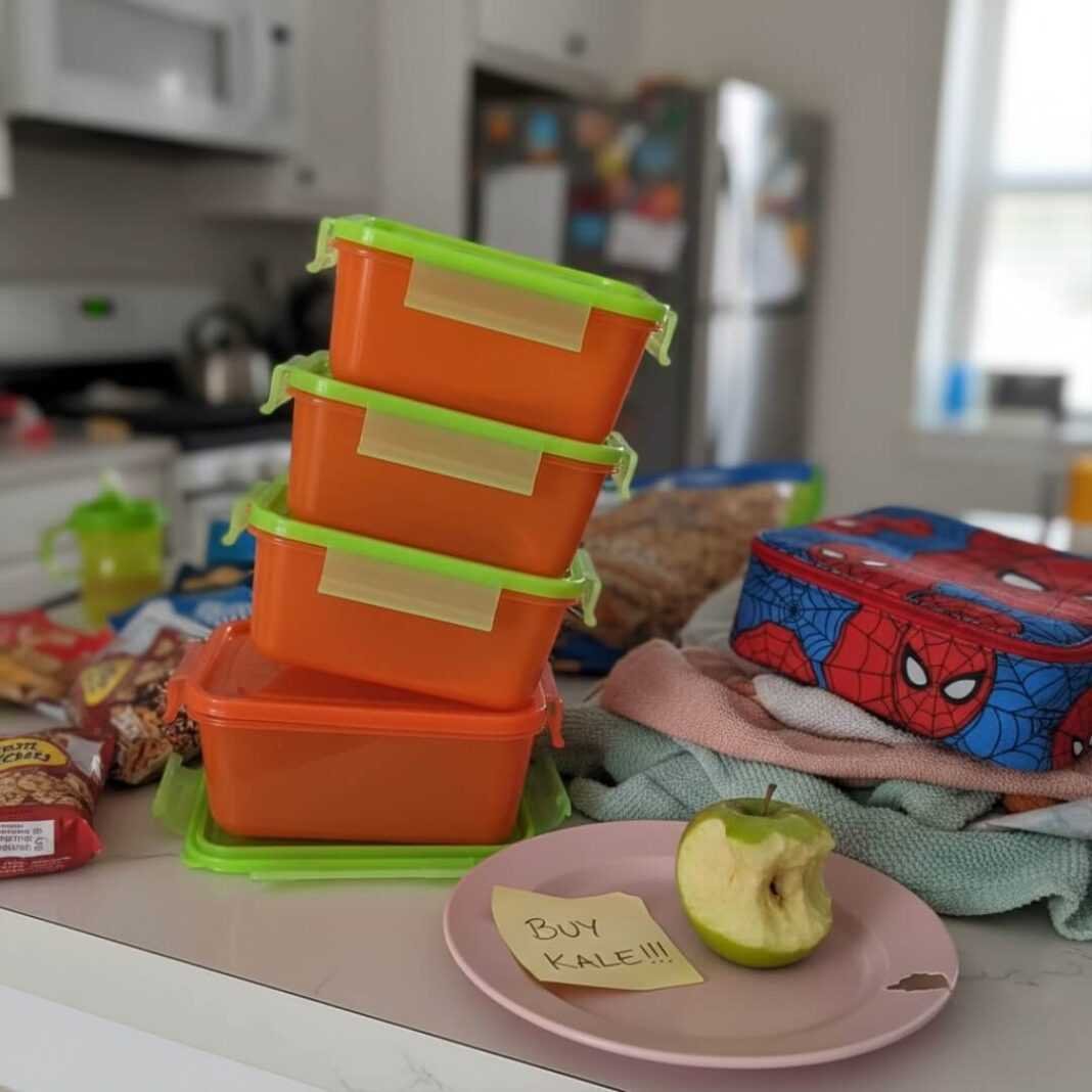 Messy kitchen counter with meal prep containers and kid's apple.