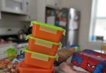 Quick and Healthy Meal Prep for Parents on the Go Messy kitchen counter with meal prep containers and kid's apple.