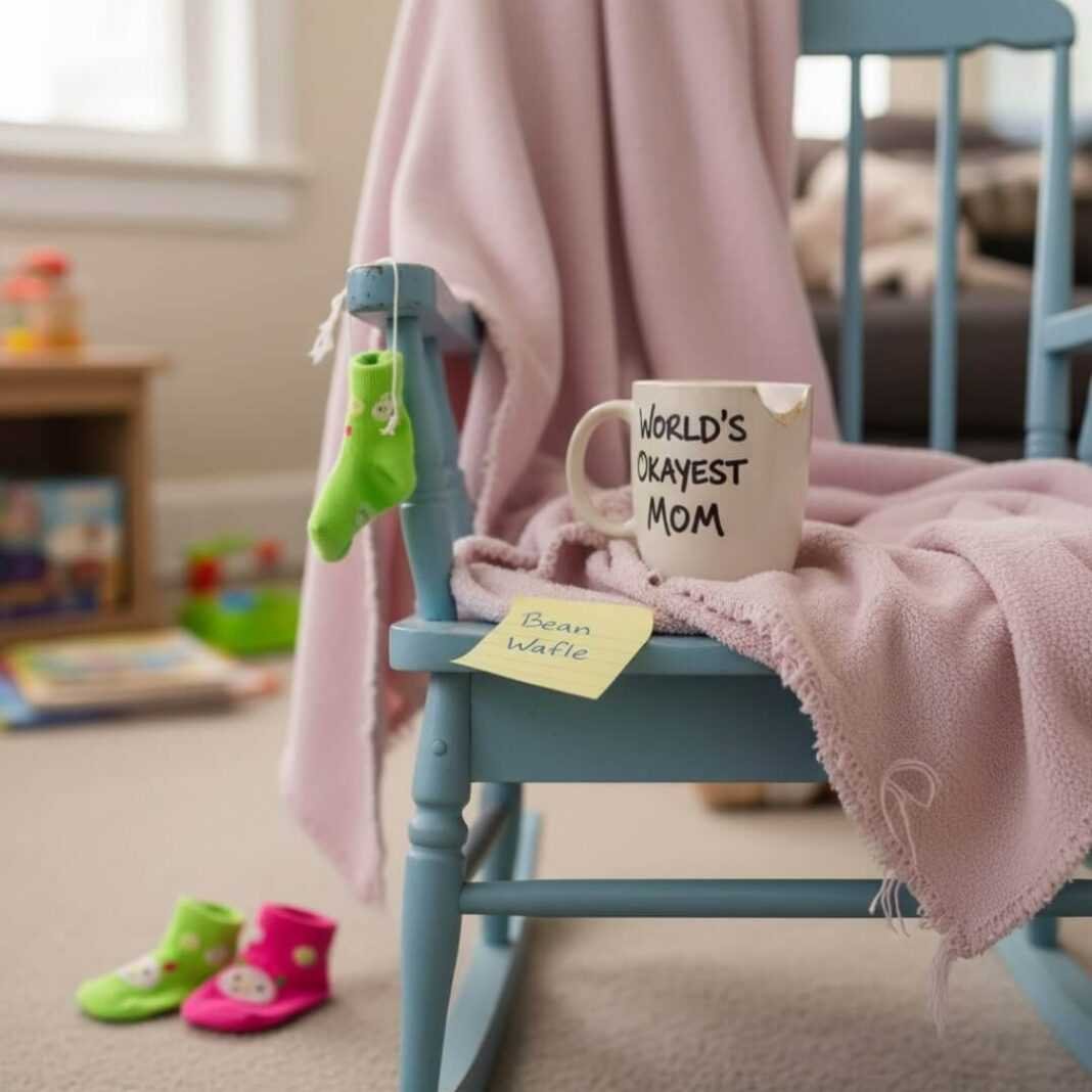 Rocking chair with baby blanket, mug, and socks. Rocking chair with baby blanket, mug, and socks.