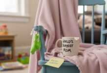 The Ultimate Checklist: Preparing for Your Newborn Rocking chair with baby blanket, mug, and socks.