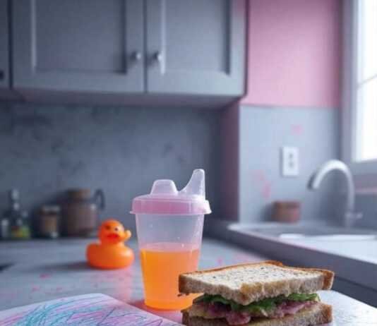 Parenting Hacks: Making Daily Routines Easier Messy Kitchen Chaos with Neon Duck Surprise