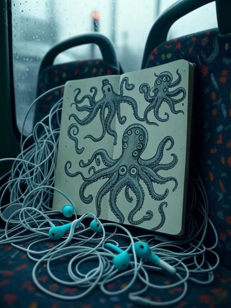 Rainy Bus Chaos: Octopus Doodles and Tangled Earbuds
