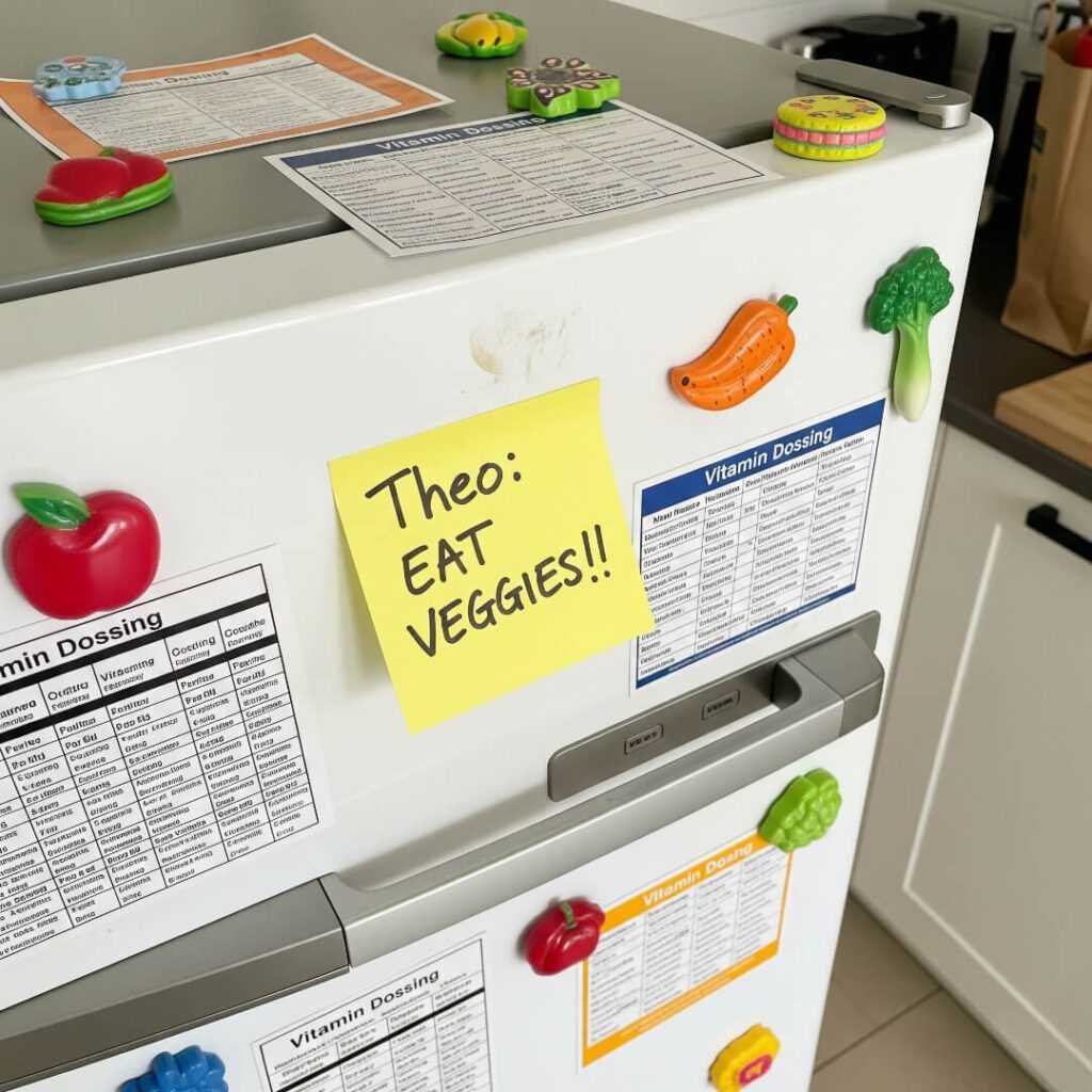 Fridge door with vitamin charts and veggie reminder.