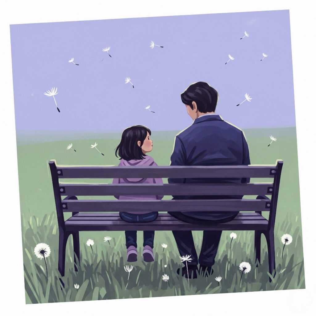Parent and child on park bench with dandelions.