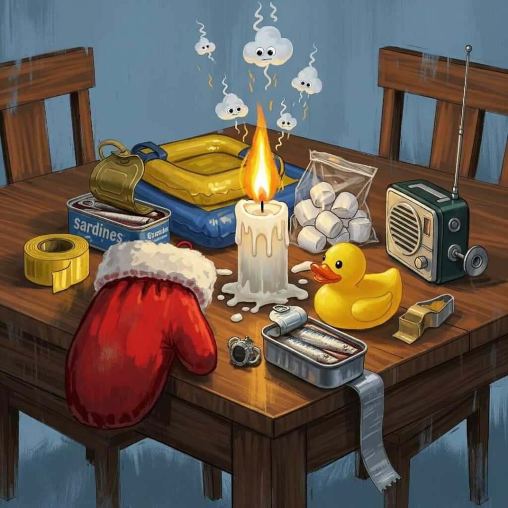 Jumbled emergency kit with odd items on a table.