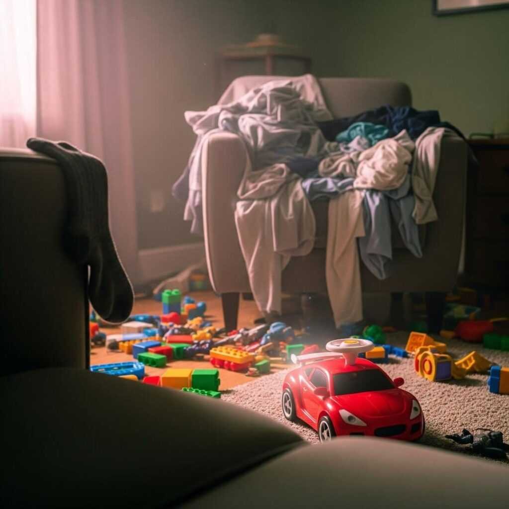 Cluttered living room, toys, laundry, red car.
