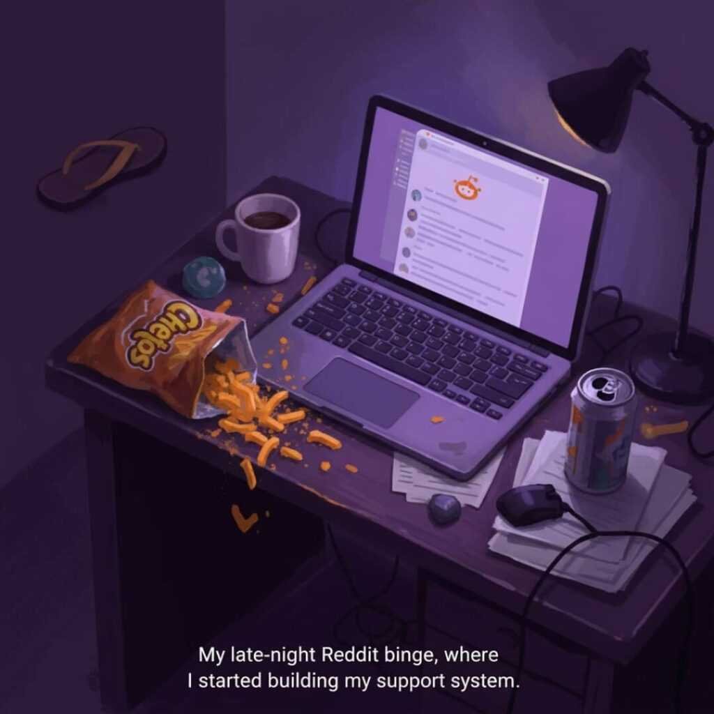 A messy desk with a laptop, Cheetos, and a flip-flop.