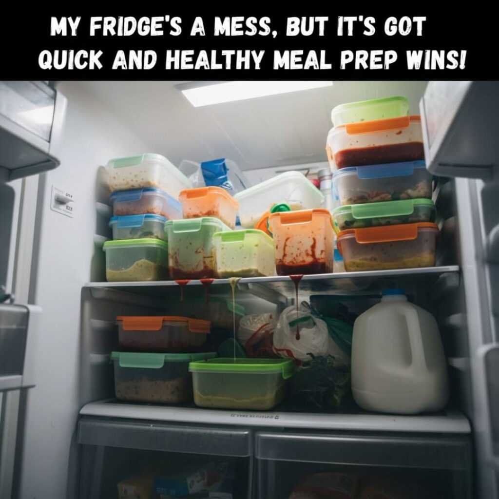 Open fridge with overflowing meal prep containers.