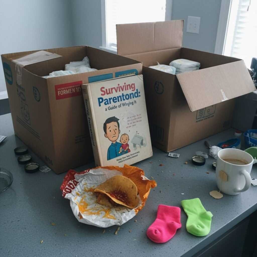 Messy counter with diaper boxes, book, and taco.