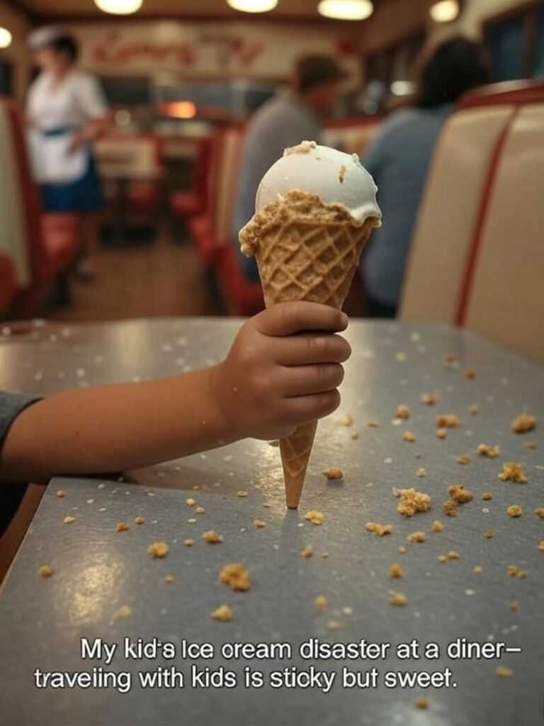 My kid’s ice cream disaster at a diner—traveling with kids is sticky but sweet.