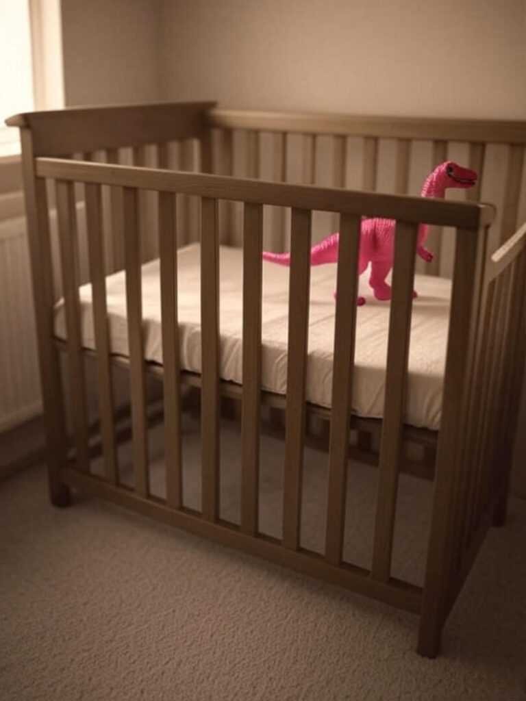 Nostalgic Crib with Weird Neon Pink Dinosaur