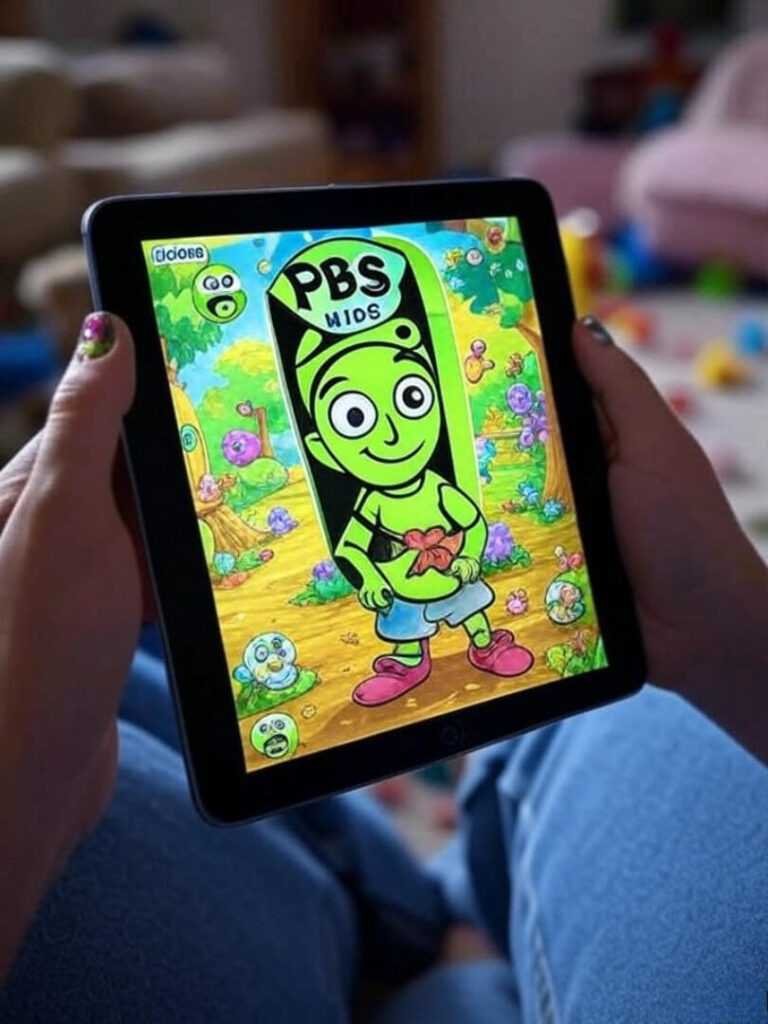 Kid's PBS game tablet in messy, nostalgic room.