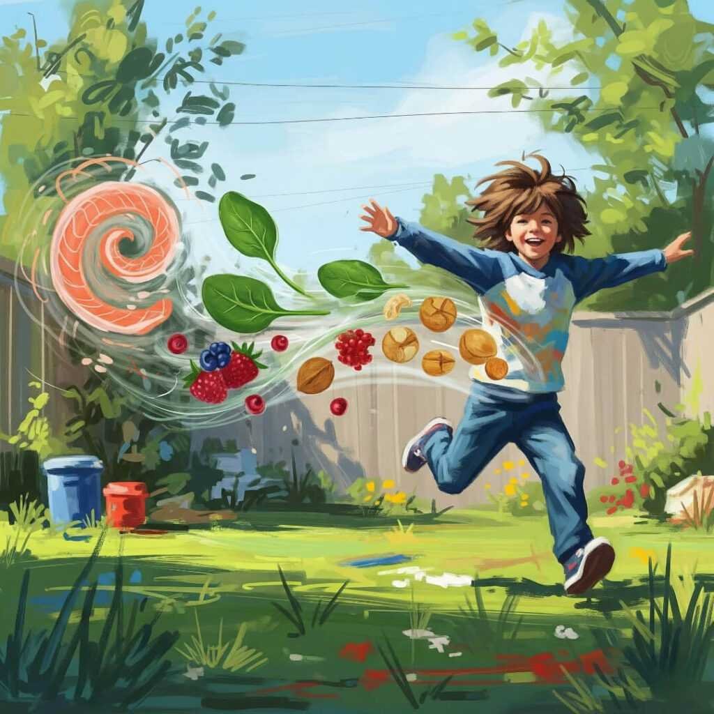 Kid with a superhero aura of healthy food.