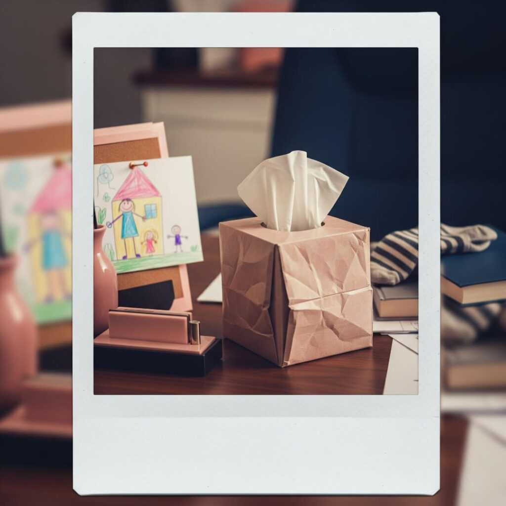 Crumpled tissue box, child's drawing, mismatched sock.