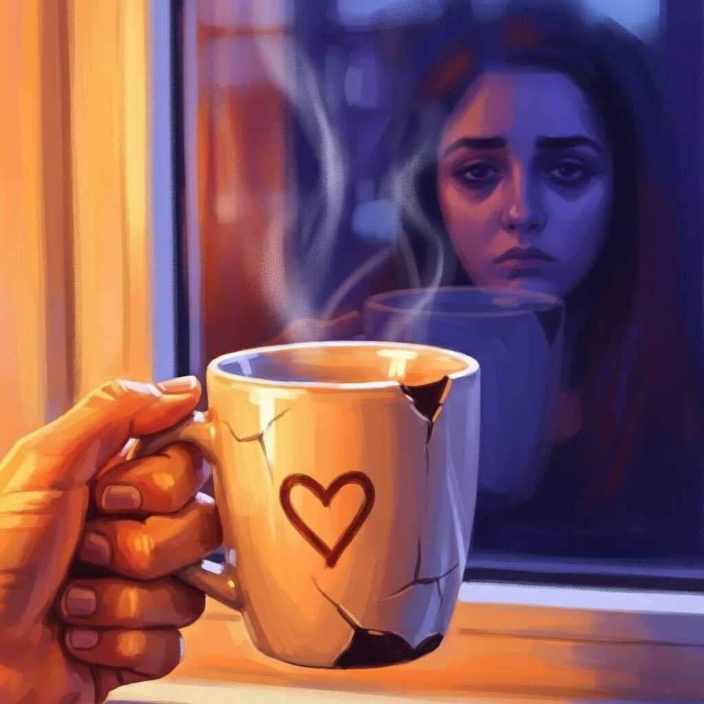 Hand holding chipped coffee mug, tired face reflection.