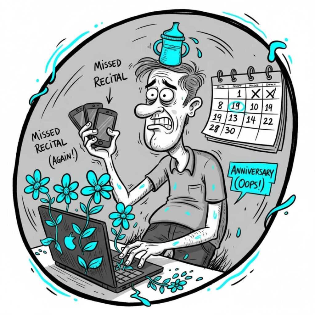 Stressed dad juggling, funhouse mirror, missed events.