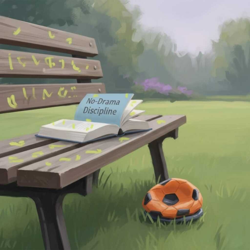 Park bench with "No-Drama Discipline" book and soccer ball.