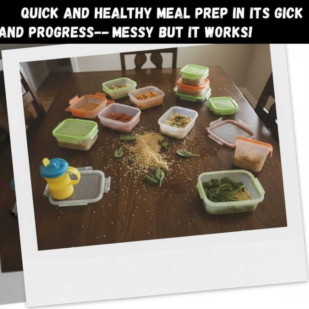 Dining table with spilled quinoa, meal prep containers, and sippy cup.