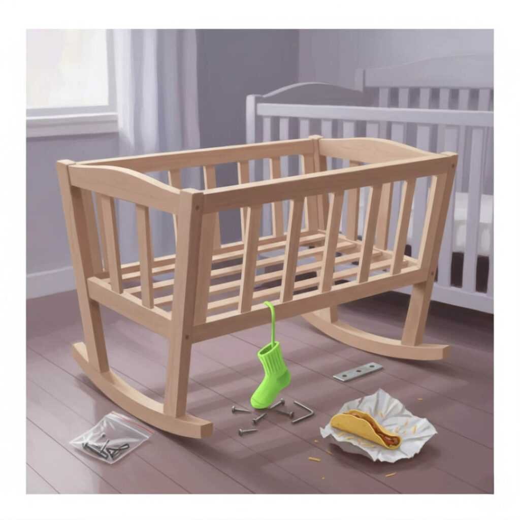 Half-built bassinet with sock, screws, and taco.