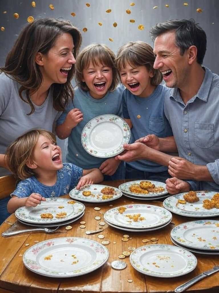 Family Laughs with Coins, Mismatched Plates Joy