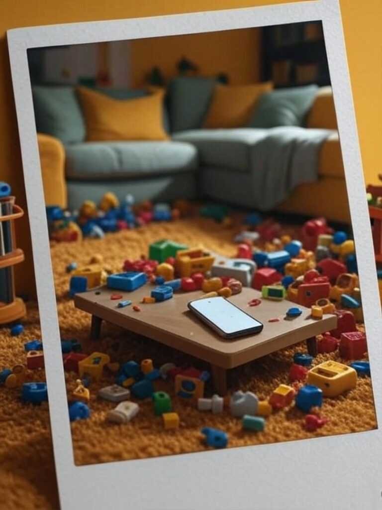 Polaroid of messy living room with toys and phone.