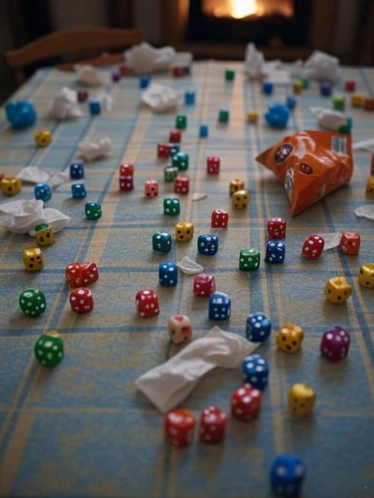 Chaotic Game Night: Dice, Napkins, Spilled Soda