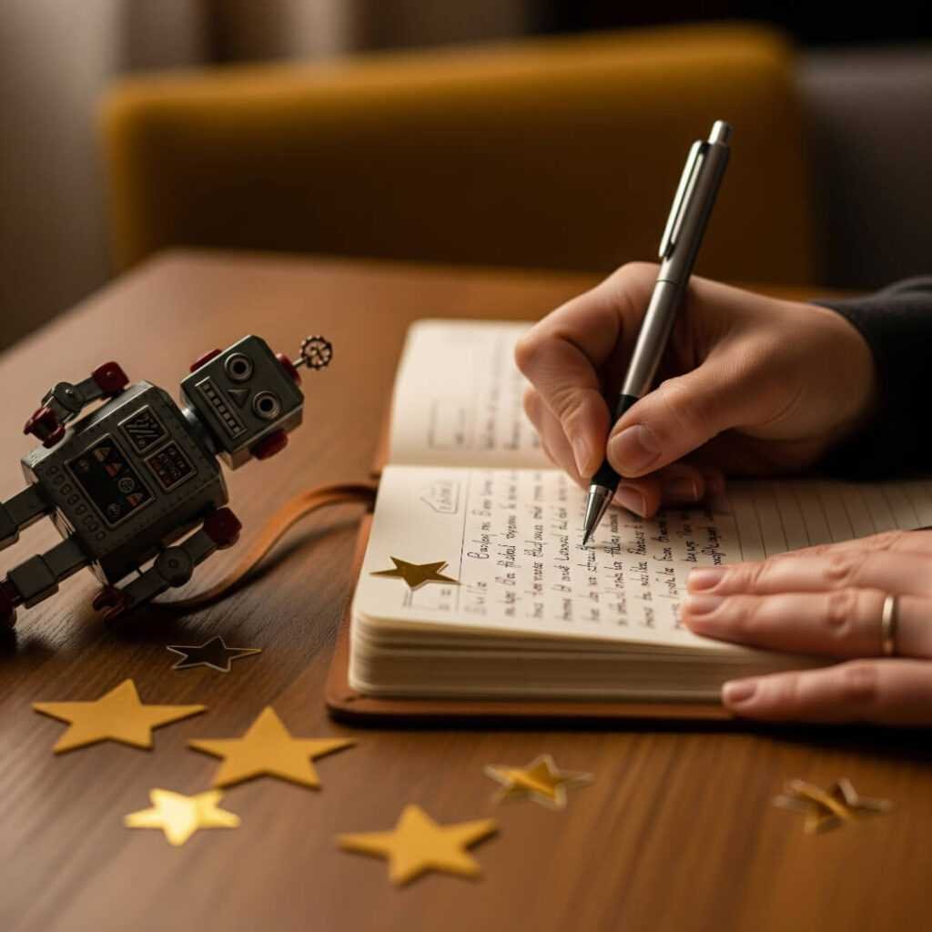 Parent journaling, toy robot, star stickers.