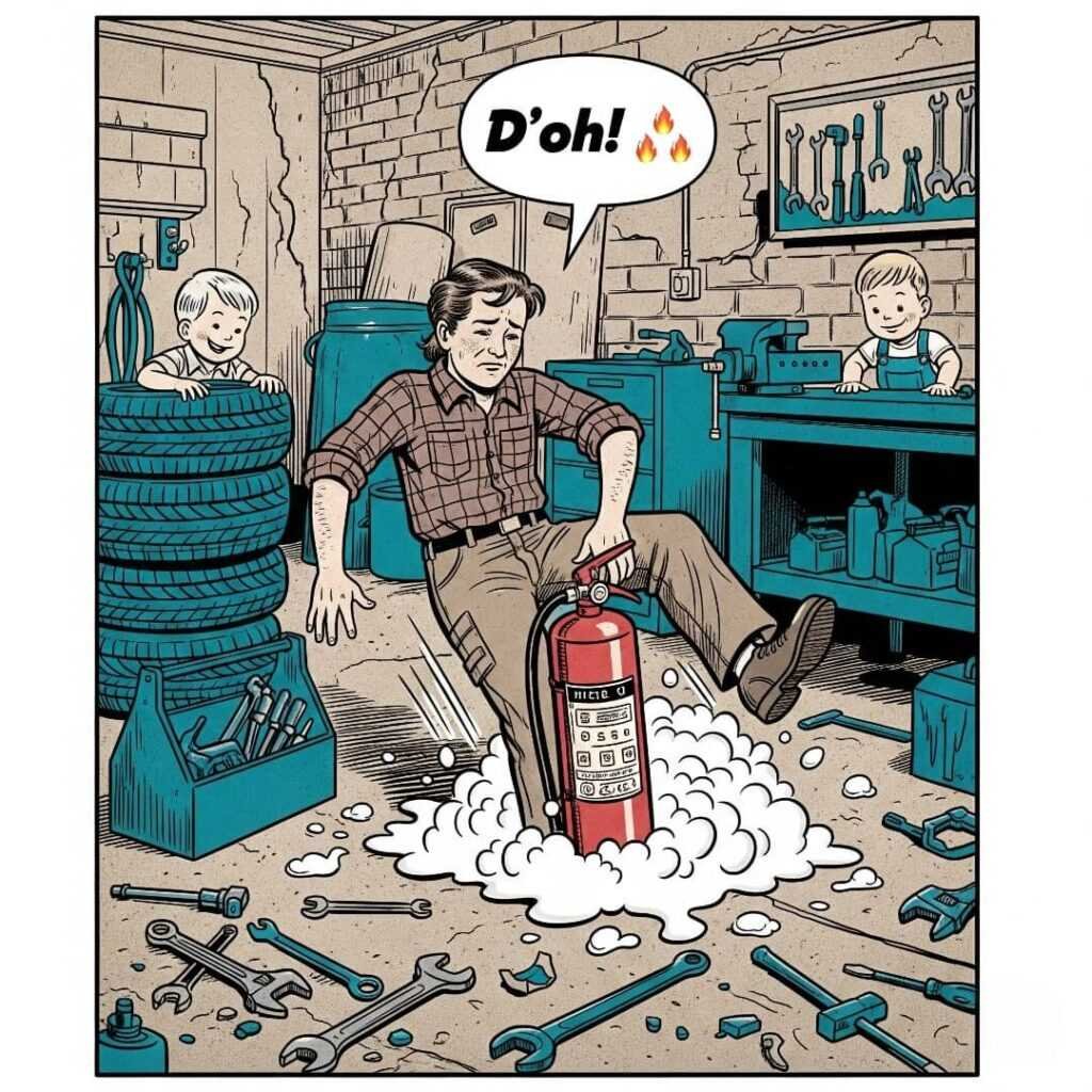 Man slips on extinguisher foam as kids giggle.