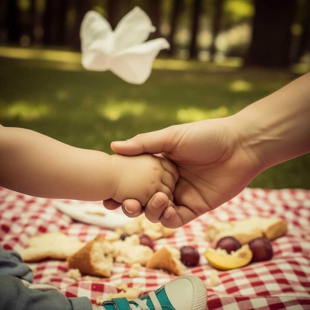 Toddler's hand in adult's, park picnic.