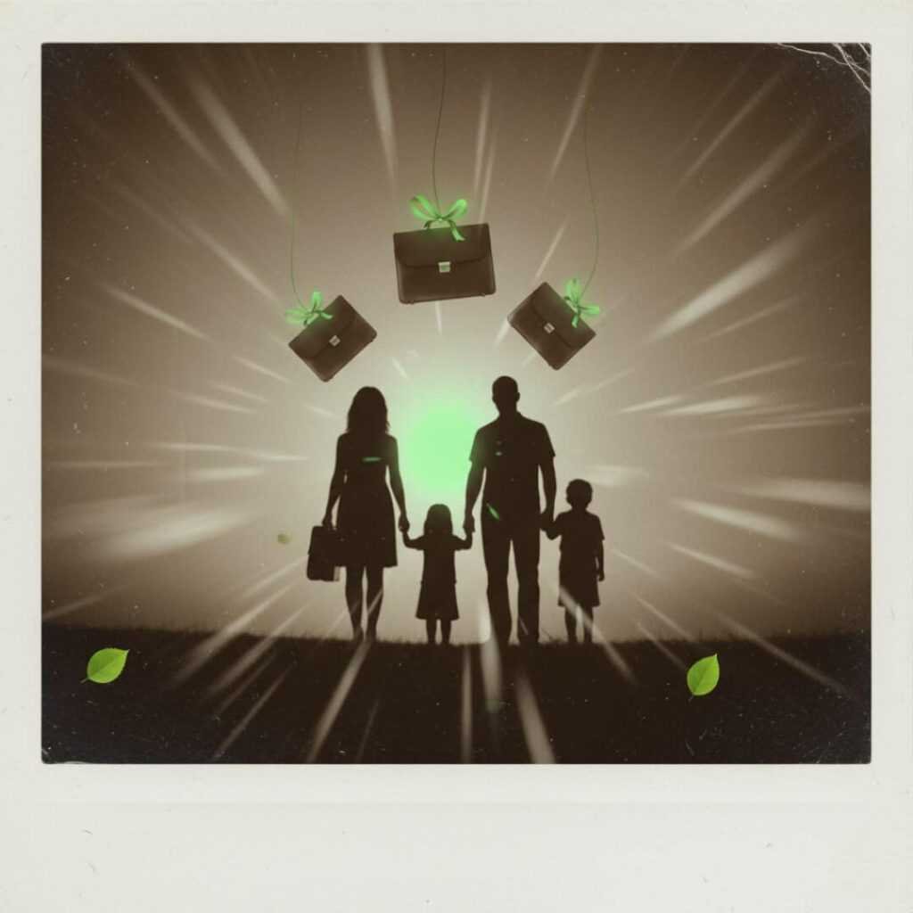 Family silhouette, sunset, rain-streaked window, floating briefcases.