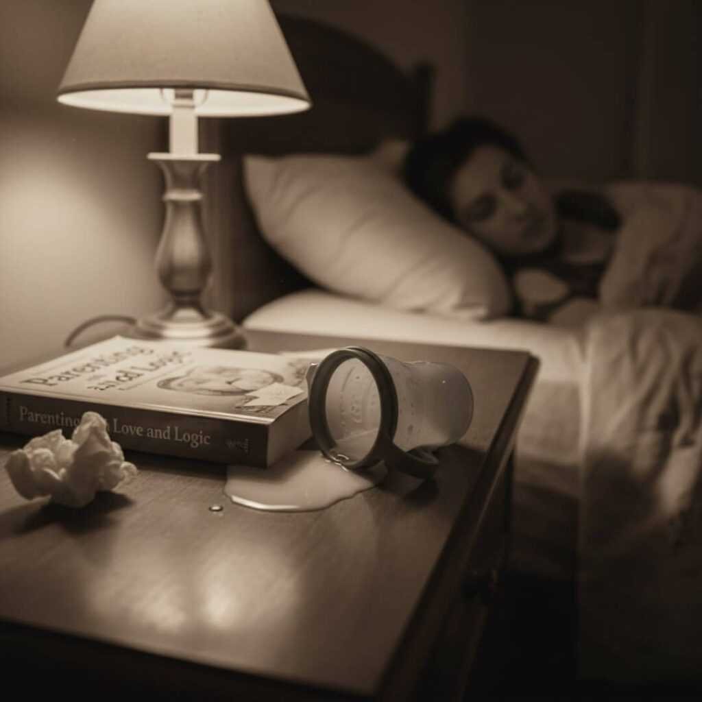 Nightstand with "Parenting with Love and Logic" and spilled sippy cup.