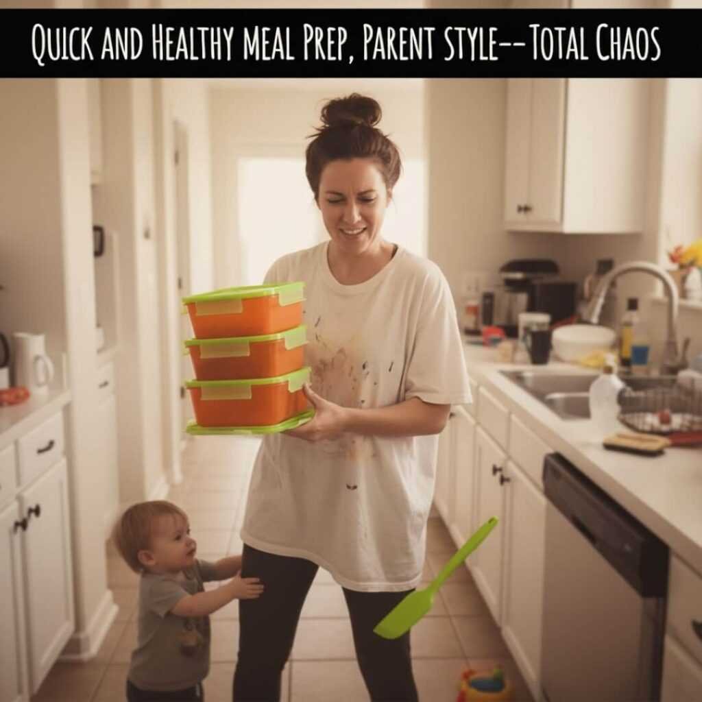 Parent juggling meal prep containers while child tugs leg.