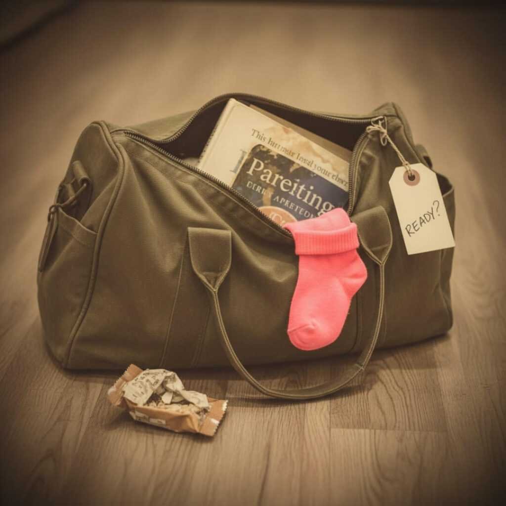 Hospital bag with book, sock, and granola bar.