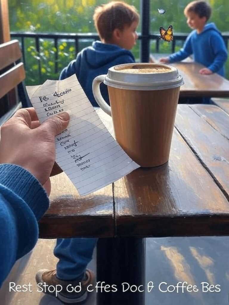 Coffee and chaos at a rest stop while my kid hunts butterflies.